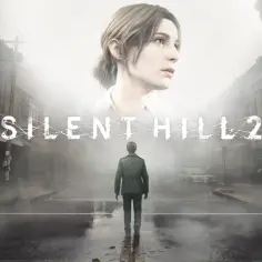 Mroczna ulica w **Silent Hill 2**. Mężczyzna w zielonej kurtce stoi na środku drogi, a nad nim unosi się twarz kobiety.
