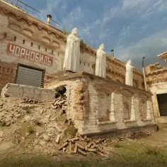 Ruiny z napisem "ЧОРНОБИЛЬ" i posągami, teren gry cache cs2.