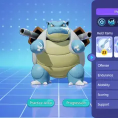 Blastoise, potężny Pokémon z działami na plecach, gotowy do walki. Jego statystyki wskazują na dobrą wytrzymałość i atak dystansowy.