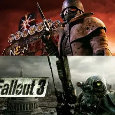 Postapokaliptyczny żołnierz z pistoletem przed neonowym znakiem "Welcome to Fabulous New Vegas" i w zniszczonym Waszyngtonie. Wygląda jak zapowiedź **Fallout 3 remaster**.