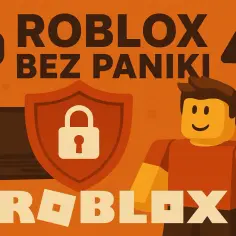 Grafika wyjaśnia, roblox co to jest i jak bezpiecznie z niego korzystać. Widoczny jest awatar, laptop, tarcza z kłódką i napisy.