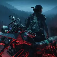 Motocyklista z karabinem na plecach i zmodyfikowanym motocyklem w mrocznym lesie, zapowiedź Days Gone 2.