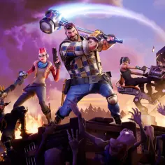 Postacie z Fortnite walczą z potworami. W tle widać płonące budynki i niebo, sugerujące nową **fortnite aktualizację**.