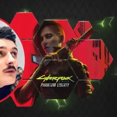 Dawid Podsiadło w cyberpunkowym świecie, obok postaci z gry Cyberpunk 2077: Phantom Liberty.