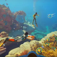 Podwodna eksploracja w stylu Subnautica 3: nurkowie badają koralowce i napotykają dziwne stworzenia.