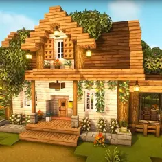Piękny drewniany dom z ogrodem, idealny przykład tego, co można zbudować w Minecraft.