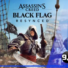 Piraci z Assassin's Creed Black Flag Resynced, gotowi na abordaż! W tle żaglowce i czarna flaga. Ocena 9,5.