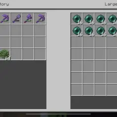 Ekwipunek w grze Minecraft: diamentowy miecz, łuk, kilofy, kamień, liście, pochodnie i fajerwerki. W skrzyni mnóstwo pereł od Endermana.