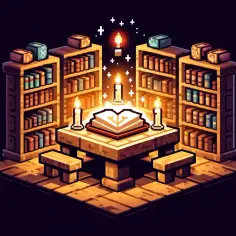 Magiczna biblioteka w stylu pixel art. Jak zrobic ksiazke w mc? Potrzebujesz stołu, świec i księgi wiedzy.