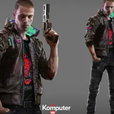 Johnny Silverhand, z pistoletem w dłoni, w skórzanej kurtce z naszywkami i cybernetycznym ramieniem.