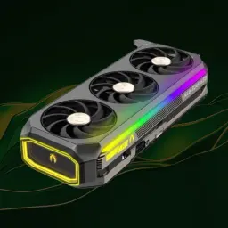 Karta graficzna z potrójnym wentylatorem i podświetleniem RGB, gotowa do renderowania zaawansowanych shadery.