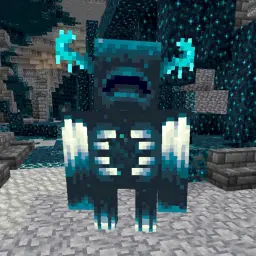 Potężny warden Minecraft, mroczny strażnik głębin, stoi w kamiennej jaskini, otoczony ciemnymi blokami.