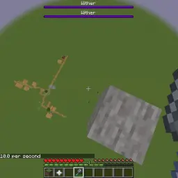 Gracz w Minecraft trzyma mace, patrząc na dwie paski życia Witherów nad zniszczoną wioską.