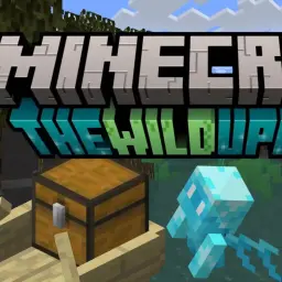 Łódź z skrzynią i świecącym Allayem na tle logo Minecraft 1.19 The Wild Update.