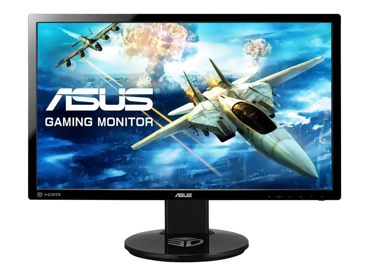 Monitor ASUS z grafiką 1080p: dwa myśliwce w akcji nad miastem, wybuchy w tle.