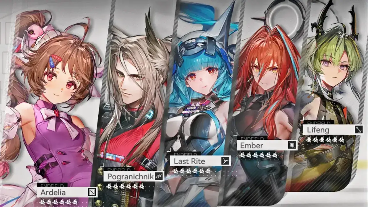 Arknights Endfield tier list: Ardelia, Pogranichnik, Last Rite, Ember, Lifeng.