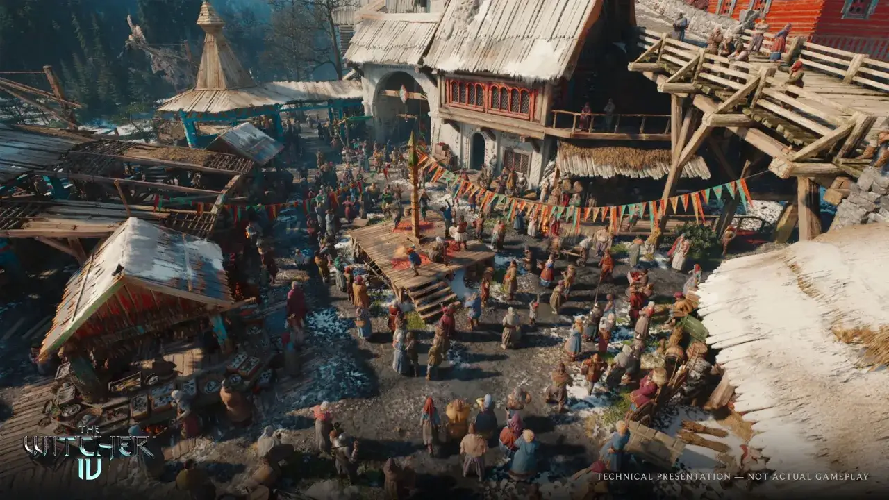 Tłum ludzi na targu w zimowej scenerii, zapowiedź wiedźmin 4 premiera.