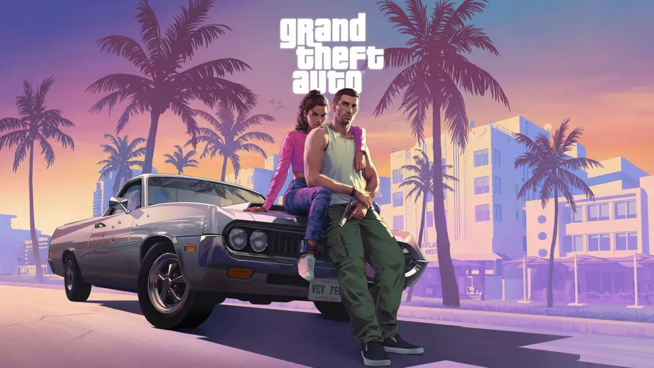 Para GTA 6 kiedy? Para siedzi na samochodzie w Miami, otoczona palmami i budynkami w stylu art deco.