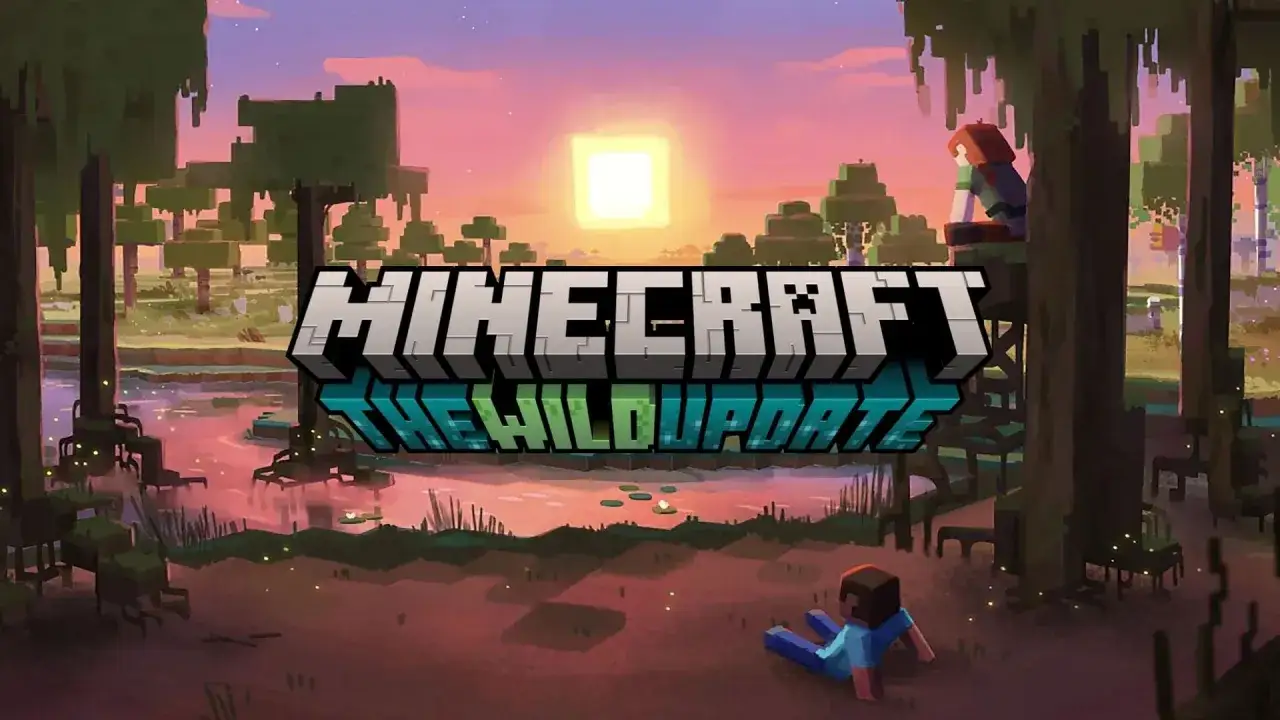 Zachód słońca nad bagnami w Minecraft 1.19. Dwie postacie obserwują otoczenie.