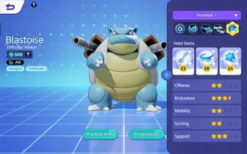 Blastoise, potężny Pokémon z działami na plecach, gotowy do walki. Jego statystyki wskazują na dobrą wytrzymałość i atak dystansowy.