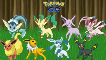 Wszystkie eevee ewolucje: Vaporeon, Jolteon, Flareon, Espeon, Umbreon, Leafeon, Glaceon i Sylveon, stoją na trawie.