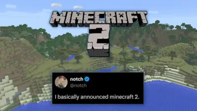 Grafika z napisem "MINECRAFT 2" i tweetem Notch'a: "I basically announced minecraft 2.