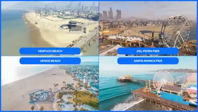 Widok na plaże i molo w Los Santos: Vespucchi Beach, Venice Beach, Del Perro Pier i Santa Monica Pier.