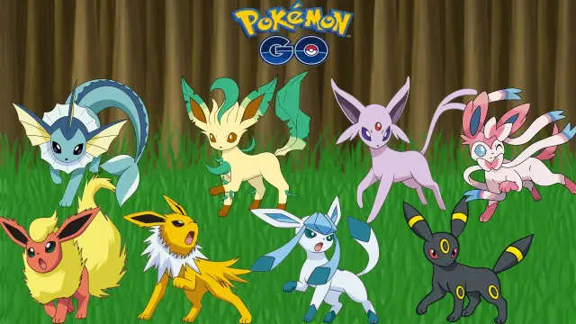Wszystkie eevee ewolucje: Vaporeon, Jolteon, Flareon, Espeon, Umbreon, Leafeon, Glaceon i Sylveon, stoją na trawie.