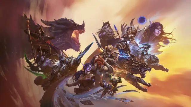 Postacie z Warcraft, w tym smok i bohaterowie różnych ras, gotowi do walki.