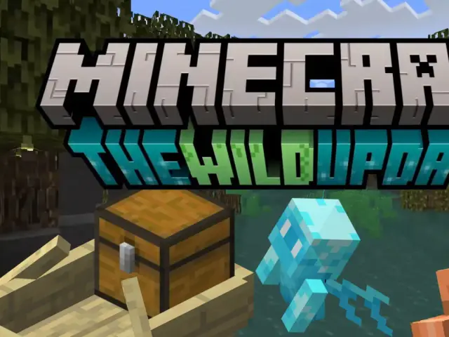 Łódź z skrzynią i świecącym Allayem na tle logo Minecraft 1.19 The Wild Update.