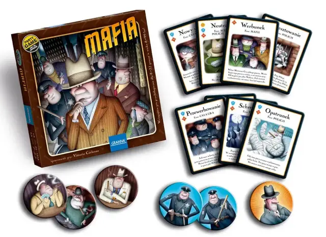 Gra planszowa "Mafia" od Granna. Karty postaci, żetony i pudełko z ilustracjami w stylu retro.