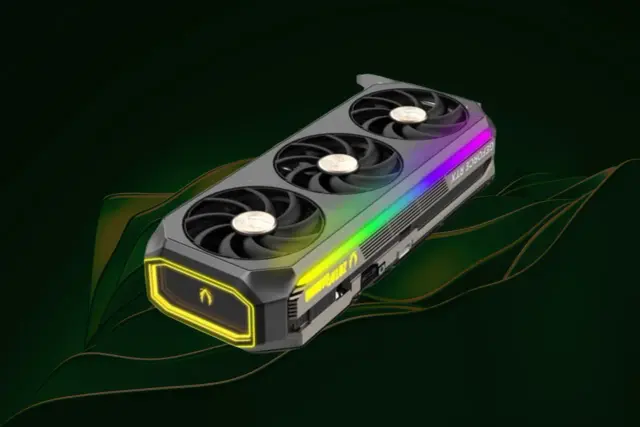 Karta graficzna z potrójnym wentylatorem i podświetleniem RGB, gotowa do renderowania zaawansowanych shadery.